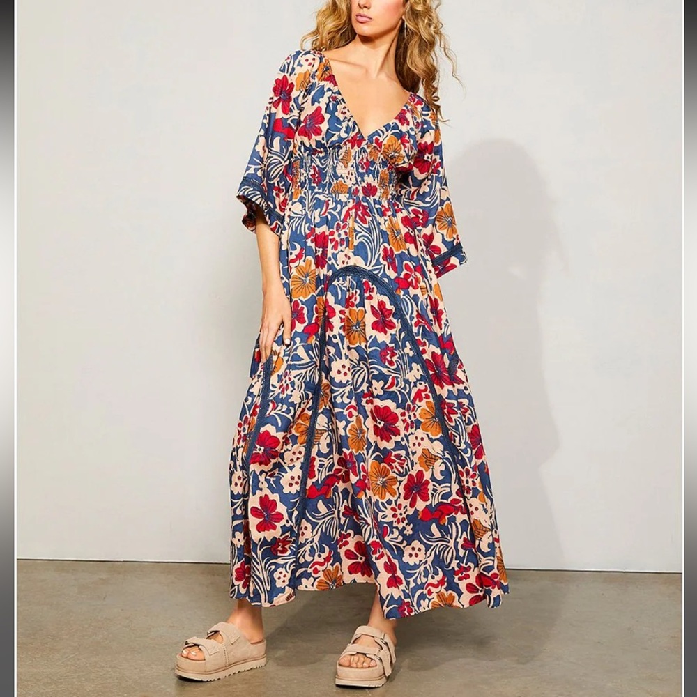 Free People Floral Maxi Dress in Blue, Red and gold